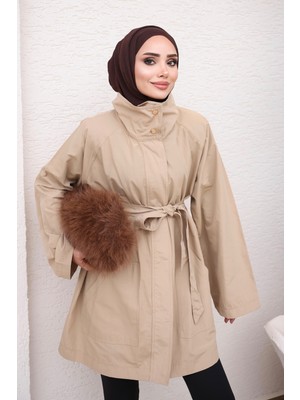 İmaj Butik Bej Dik Yaka Fermuarlı Bel Kuşaklı Trençkot