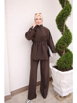 İmaj Butik Kahverengi Bel Bağlamalı Düğme Detaylı Tunik Pantolonlu Takım