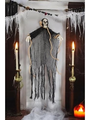 Cadılar Bayramı Kuru Kafa Iskelet Figürlü Asılabilir Halloween Parti Dekoru Siyah 75 cm