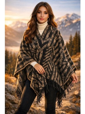 ALDAIYR Kadın Kışlık Çift Taraflı Panço Omuz 140X140