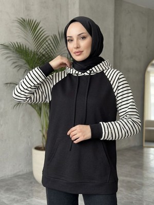 Foremia Kapşonlu Kanguru Cep Çizgili Tunik-Siyah -