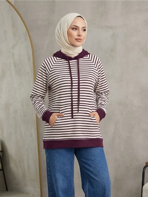 Foremia Kapşonlu Çizgili Tunik-Mürdüm -