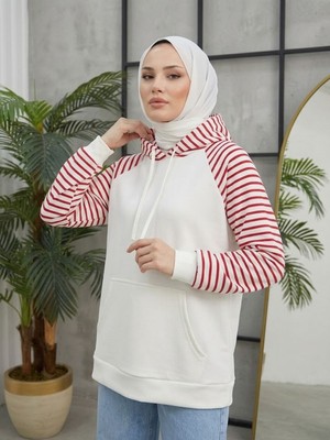 Foremia Kapşonlu Kanguru Cep Çizgili Tunik-Kırmızı -
