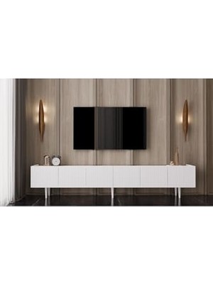 Enwood Mdf 6 Kapaklı Ahşap Ayaklı (120 cm x 2 Adet) 240 cm Tv Ünitesi Beyaz 120 x 30