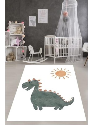 Bohem Iskandinav Güneş ve Dinozor Desenli Yıkanabilir Kaymaz Tabanlı Leke Tutmaz Çocuk Odası Halısı, Beyaz-Yeşil-Kahverengi 180 x 300,7642013318030005