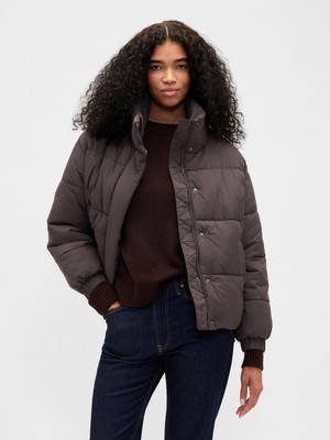 Gap Kadın Koyu Kahverengi Faux Fur-Trim Puffer Şişme Mont