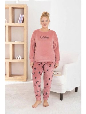 Pijamoni Kadın Büyük Beden Yumuşak Kadife Kouı Pudra Pijama Takımı