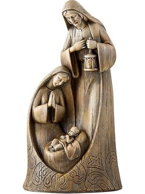 Noel Figürleri, Oyma Ahşap Görünümlü Joseph Mary ve Jesus Masa Üstü Doğum Heykelciği, 25,8 Cm, Kutsal Aile