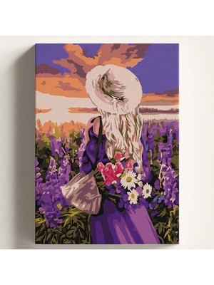 Sayılarla Boyama Tuval Hobi Seti Mor Çiçekler Içinde Kadın Temalı Fırça ve Boya Dahil Set (Çıtalı) 40X50 cm Kendin Yap Sayılarla Tuval Boya Kiti (Kasnaklı)