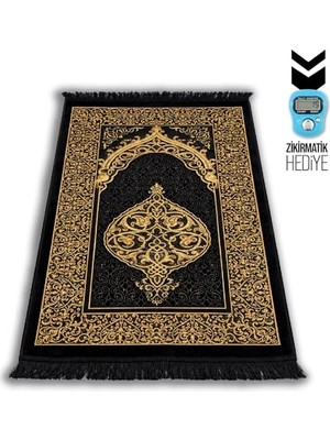 Seccade Namazlık, Tafta Kumaş, Premium Dokuma, Saçaklı, Yüksek Doku, Diz ve Ayak Için Ekstra Yumuşaklık (Siyah)