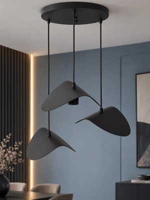 Avizade Velaris Siyah Metal 3'lü Sarkıt Avize – Minimalist Modern Salon Aydınlatması - Yaprak Tasarımlı Modern Salon ve Mutfak Aydınlatması