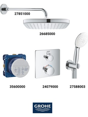 Grohe Grohtherm Termostatik Ankastre Banyo Bataryası Seti Kare Gagasız(Kare Tepe Duşlu)