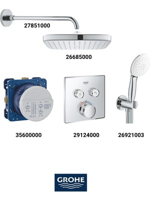 Grohe Grohtherm Smartkontrol Ankastre Banyo Bataryası Seti Kare Gagasız(Kare Tepe Duşlu)