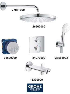 Grohe Grohtherm Termostatik Ankastre Banyo Bataryası Seti Kare Gagadan Yönlendircili (Genişoval Tepeduşlu)