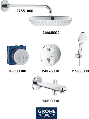 Grohe Grohtherm Ankastre Termostatik Banyo Bataryası Seti Oval Gagadan Yönlendiricili(Kare Tepe Duşlu)