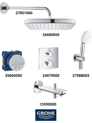 Grohe Grohtherm Termostatik Ankastre Banyo Bataryası Seti Kare Gagadan Yönlendiricili(Kare Tepe Duşlu)