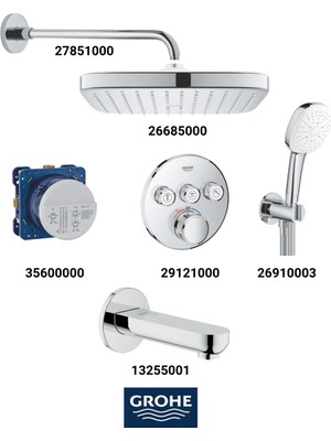 Grohe Grohtherm Smartkontrol Ankastre Banyo Bataryası Seti Kare 3-Yol Gagalı(Kare Tepe Duşlu)