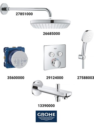 Grohe Grohtherm Smartkontrol Ankastre Banyo Bataryası Seti Kare Gagadan Yönlendiricili(Kare Tepe Duşlu)