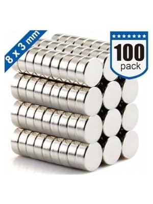 100 Adet Yuvarlak Güçlü Neodyum Mıknatıs, 8 mm x 3 mm