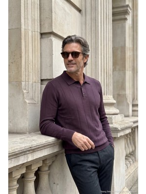 Çizgi Triko Erkek Polo Yaka Mürdüm Kazak Dikey Çizgili Triko Klasik Kalıp - 5409A