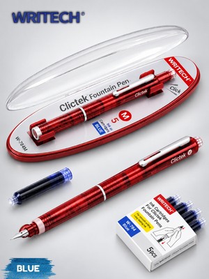 Writech Clictek Şeffaf Dolma Kalem | Geri Çekilebilir Uç | 5'li Mavi Kartuş Hediyeli