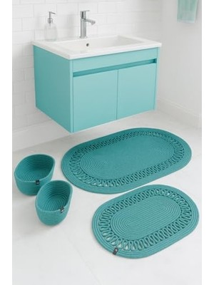 4'lü Banyo Seti, 2'li Oval Paspas ve 2'li Oval Sepet, Doğal Halat Dokuma, El Yapımı, Turkuaz 50 x 80