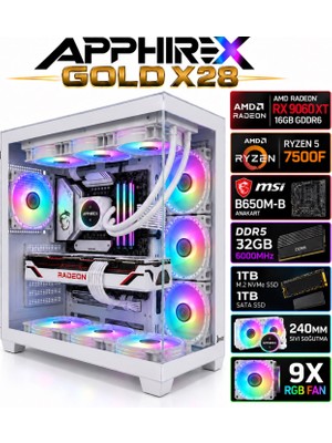 Apphirex Gold X28 Ryzen 5 7500F/MSİ B650M-B/AMD Radeon RX9060XT 16GB/32GB Ddr5 6000MHZ/2TB SSD/240MM Sıvı Soğutmalı Beyaz Masaüstü Oyuncu Bilgisayarı