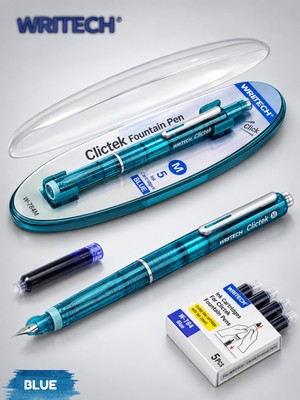 Writech Clictek Şeffaf Dolma Kalem | Geri Çekilebilir Uç | 5'li Mavi Kartuş Hediyeli