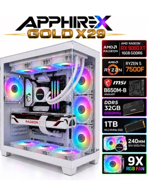 Apphirex Gold X29 Ryzen 5 7500F/MSİ B650M-B/AMD Radeon RX9060XT 16GB/32GB Ddr5 6000MHZ/1TB M.2/240MM Sıvı Soğutmalı Beyaz Masaüstü Oyuncu Bilgisayarı