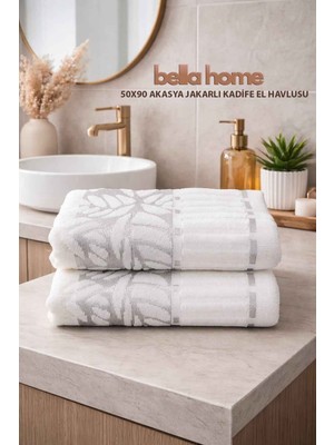 Bella Home Akasya Desenli Jakarlı Kadife El & Yüz Havlusu | 50X90 cm | 2 Adet | %100 Pamuk | Yumuşak ve Yüksek Emicilik