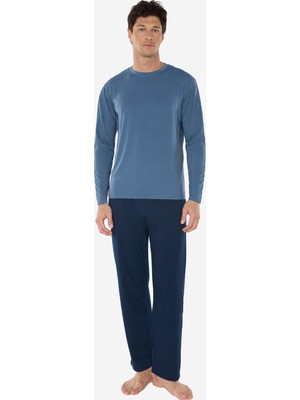 Malabadi Erkek Mavi Bisiklet Yaka Micro Modal Extra Yumuşak Kışlık Pijama Takımı 6032
