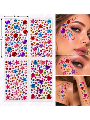 Airbrush Tattoo 4 Adet Birden Yapışkanlı Yüz Taşı Face Gems Taşlı Yüz ve Vücut Süsü