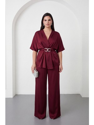 Lafaba Kadın Bordo V Yaka Kemerli Büyük Beden Bluz Pantolon Takım