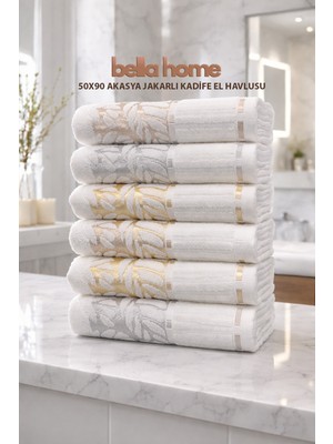 Bella Home Akasya Desenli Jakarlı Kadife El & Yüz Havlusu | 50X90 cm | 6’lı Set | %100 Pamuk | Yumuşak ve Yüksek Emicilik