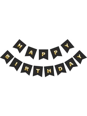 Happy Bırthday Gold Varaklı Siyah Banner Yazı