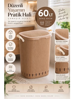 Porsima 0157-2 Still Mokka Kirli Çamaşır Sepeti 60 Lt – Kapaklı, Hava Delikli, Kulplu Plastik Çamaşır Sepeti