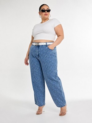 Carmito Büyük Beden Denim Kemerli Yüksek Bel Puantiyeli Cepli Balon Kesim Kadın Pantolon