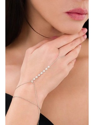 Ricco Jewellery 14 K Beyaz Altın Kaplama 925 Ayar Gümüş Yıldız Taş Mıhlamalı Şahmeran