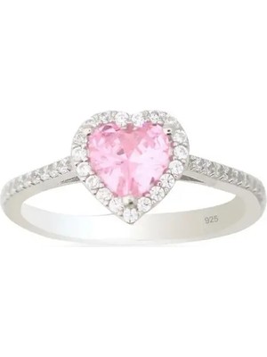 Ricco Jewellery 14 K White Gold Kaplama 925 Ayar Gümüş Pembe Kalp Yüzük