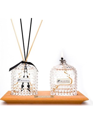 Masif Ahşap Tepsili Oval Kristal Şişe Black Vanilya Oda Kokusu ve Black Vanilya Kokulu Kandil Set