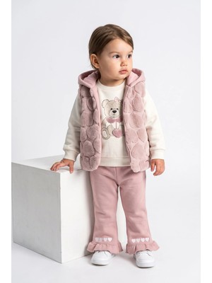 Minipomes Kız Bebek Üç Iplik Yelekli Eşofman Takım Pembe