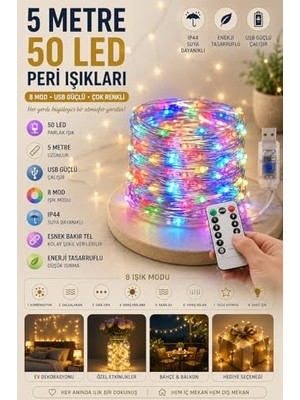 5 Metre Renkli 50LED LED Işıklar, 8 Mod Rgb, USB Çok Renkli Peri Dize Işıkları