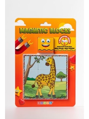 Manyetik Blok, Çift Taraflı, 9 Parçalı, Mıknatıslı Puzzle, 2 Görsel, Zürafa-Fil Yapboz