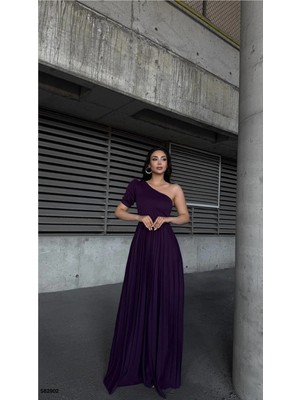 Krep Kumaş Elbise Abiye Detaylı Pile Omuz Tek