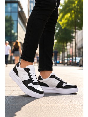 Tonny Black Erkek Beyaz Siyah Rahat Kalıp Deri Detaylı Bağcıklı Sneaker