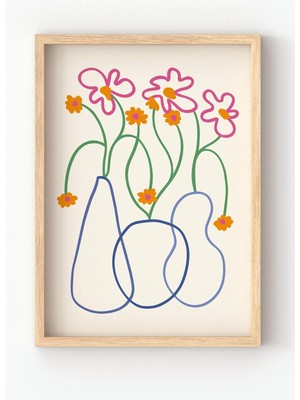 Store Ahşap Çerçeveli Renkli Çiçek Çizgi Sanatı Poster – Minimal Line Art Duvar Dekoru Ahşap Çerçeveli 21 x 30