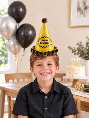 Parti Adresi Happy Birthday Yazılı Simli Doğum Günü Parti Şapkası Altın