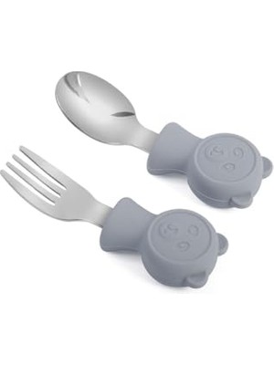 304 Çelik Gri Bebek Ayıcık Model Çocuk Kaşık ve Çatal Set CIN766 G