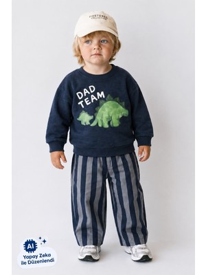My Kids Wear Erkek Çocuk Baskılı  Kışlık Sweatshirt ve Çizgili Pantolon Takım