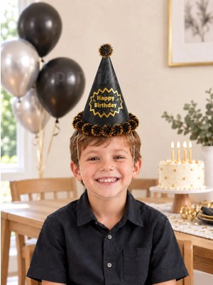 Parti Adresi Happy Birthday Yazılı Simli Doğum Günü Parti Şapkası Siyah